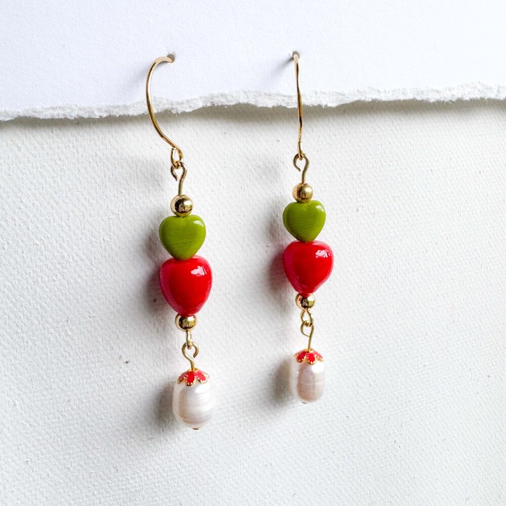 Apple Red Heart Beaded Drop Earrings Pearl Gold | Cute Artisan Statement - Picture 2 of 11